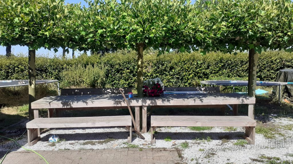 Tuinmeubilair - Tafel met banken tussen bomen (op maat)